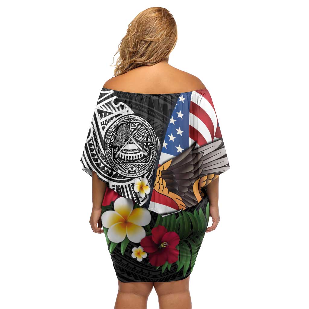 United States and American Samoa Off Shoulder Short Dress USA Flag Eagle With Seal Tropical Flowers