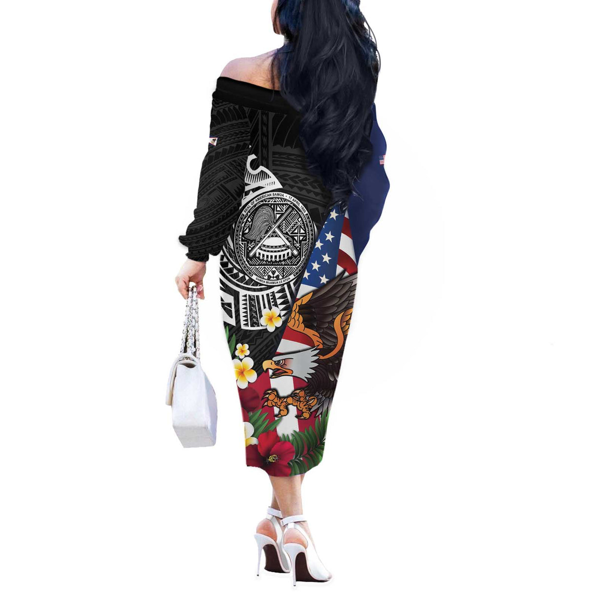 United States and American Samoa Off The Shoulder Long Sleeve Dress USA Flag Eagle With Seal Tropical Flowers