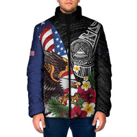 United States and American Samoa Padded Jacket USA Flag Eagle With Seal Tropical Flowers