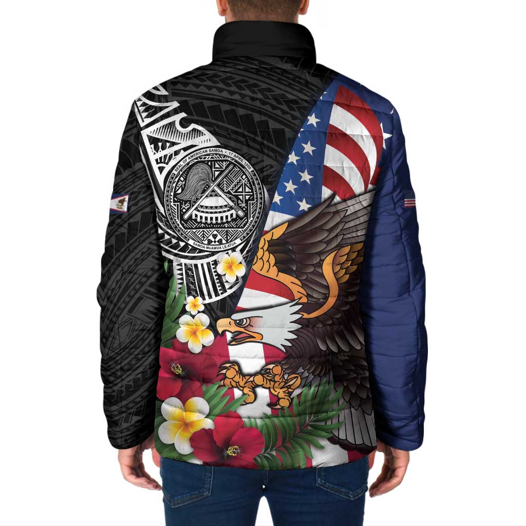 United States and American Samoa Padded Jacket USA Flag Eagle With Seal Tropical Flowers