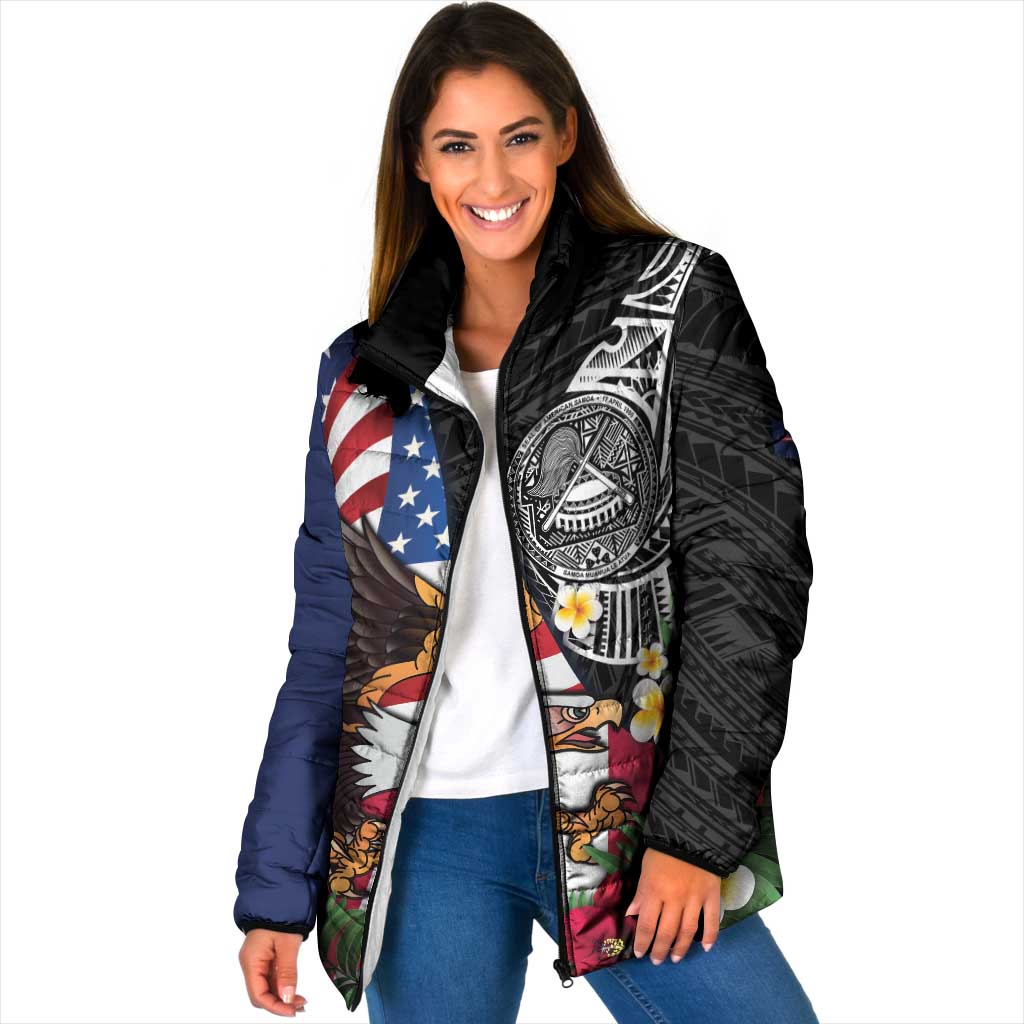 United States and American Samoa Padded Jacket USA Flag Eagle With Seal Tropical Flowers