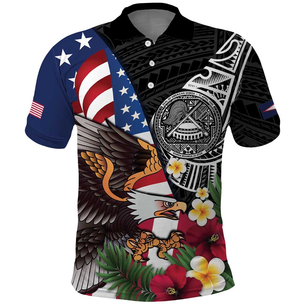 United States and American Samoa Polo Shirt USA Flag Eagle With Seal Tropical Flowers LT14 Black - Polynesian Pride