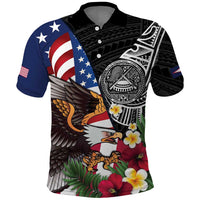 United States and American Samoa Polo Shirt USA Flag Eagle With Seal Tropical Flowers LT14 Black - Polynesian Pride