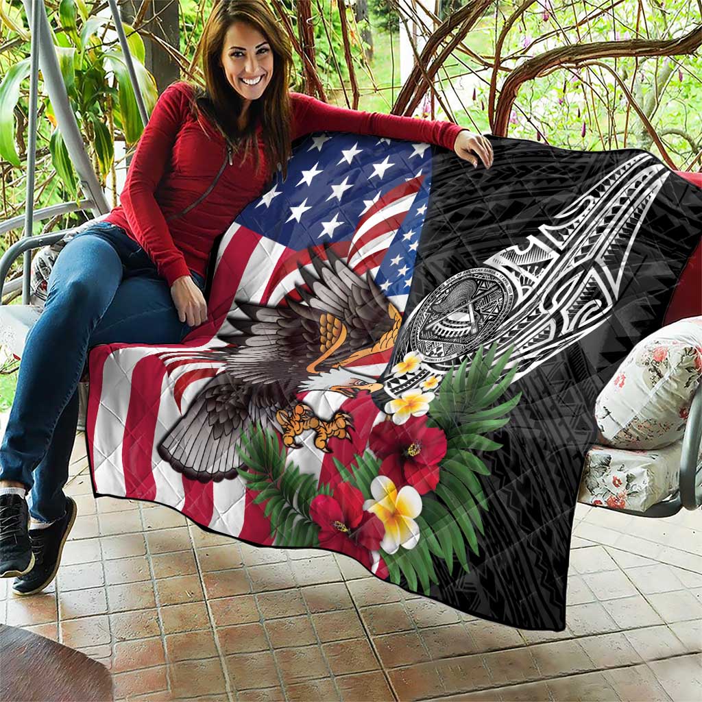 United States and American Samoa Quilt USA Flag Eagle With Seal Tropical Flowers
