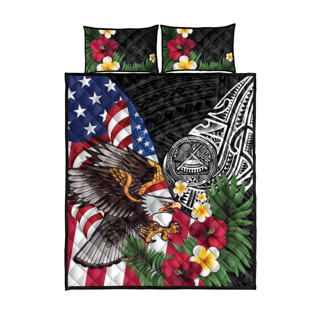 United States and American Samoa Quilt Bed Set USA Flag Eagle With Seal Tropical Flowers