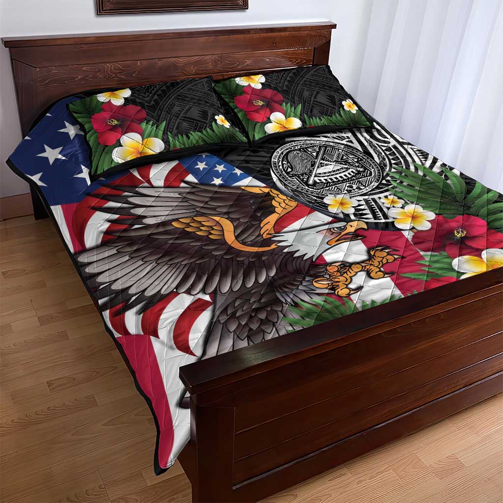 United States and American Samoa Quilt Bed Set USA Flag Eagle With Seal Tropical Flowers