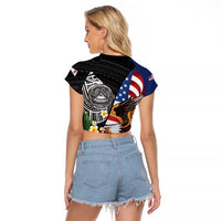 United States and American Samoa Raglan Cropped T Shirt USA Flag Eagle With Seal Tropical Flowers