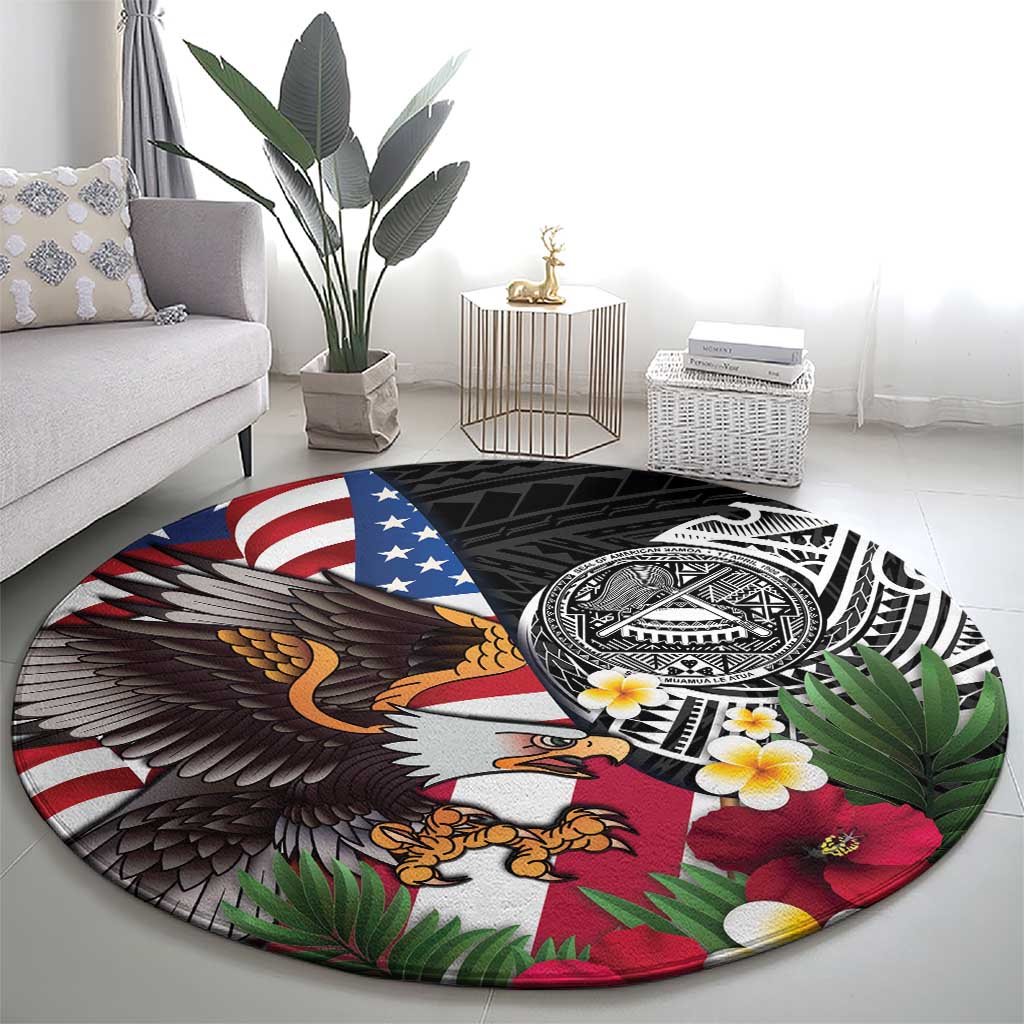 United States and American Samoa Round Carpet USA Flag Eagle With Seal Tropical Flowers