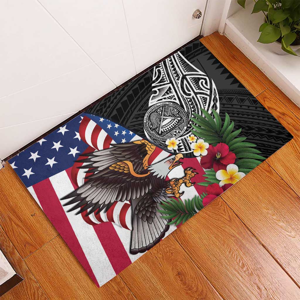 United States and American Samoa Rubber Doormat USA Flag Eagle With Seal Tropical Flowers
