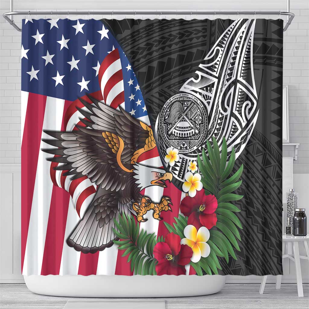United States and American Samoa Shower Curtain USA Flag Eagle With Seal Tropical Flowers