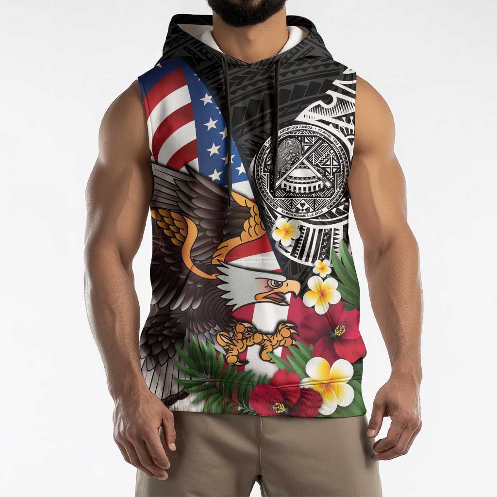 United States and American Samoa Sleeveless Hoodie USA Flag Eagle With Seal Tropical Flowers