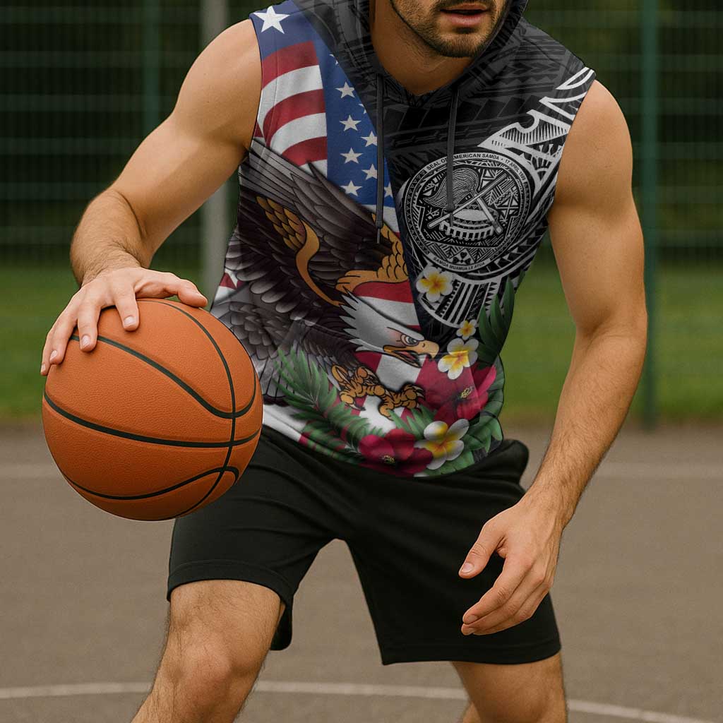 United States and American Samoa Sleeveless Hoodie USA Flag Eagle With Seal Tropical Flowers