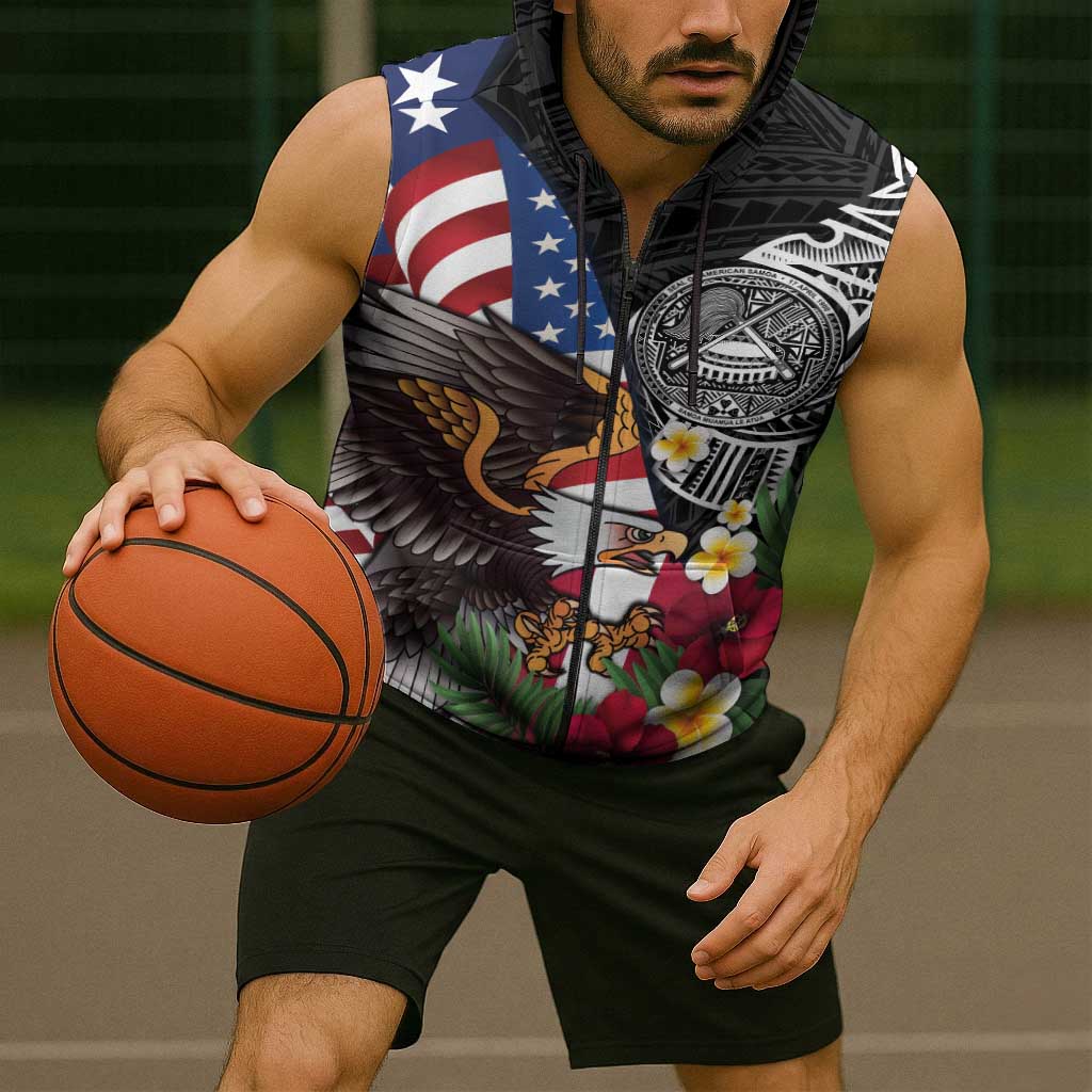 United States and American Samoa Sleeveless Zip Hoodie USA Flag Eagle With Seal Tropical Flowers