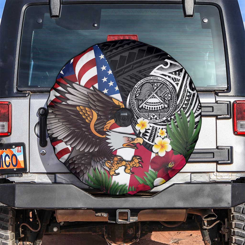 United States and American Samoa Spare Tire Cover USA Flag Eagle With Seal Tropical Flowers