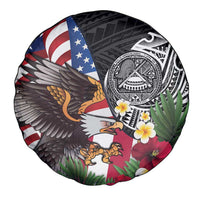 United States and American Samoa Spare Tire Cover USA Flag Eagle With Seal Tropical Flowers