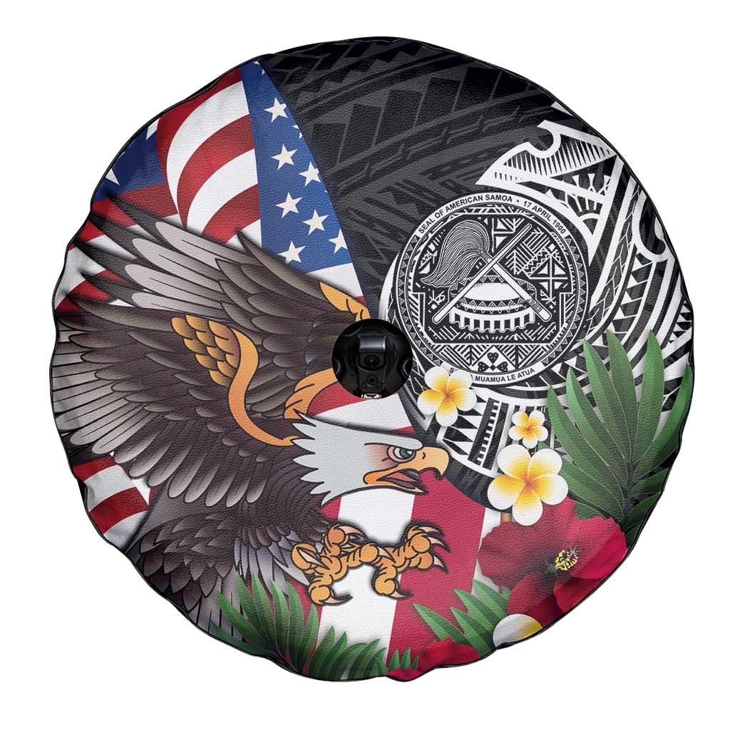 United States and American Samoa Spare Tire Cover USA Flag Eagle With Seal Tropical Flowers