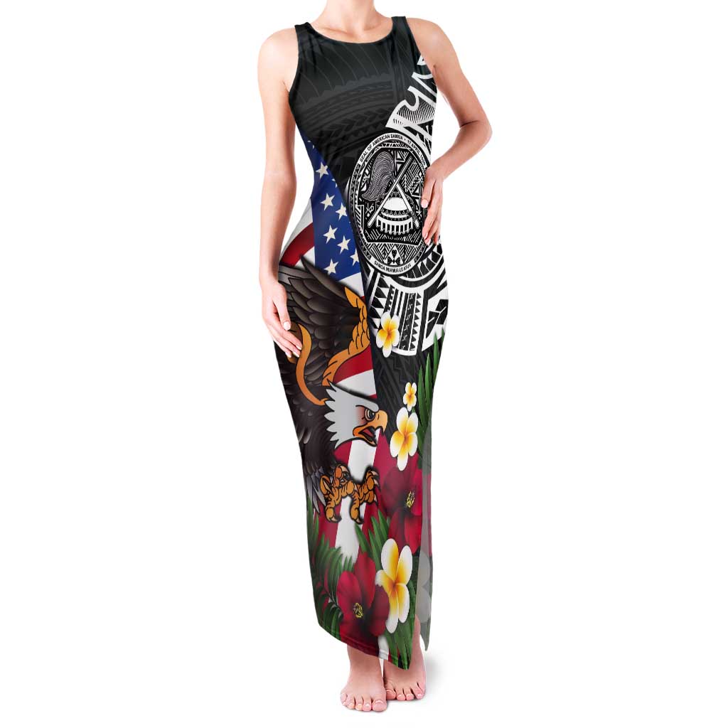 United States and American Samoa Tank Maxi Dress USA Flag Eagle With Seal Tropical Flowers