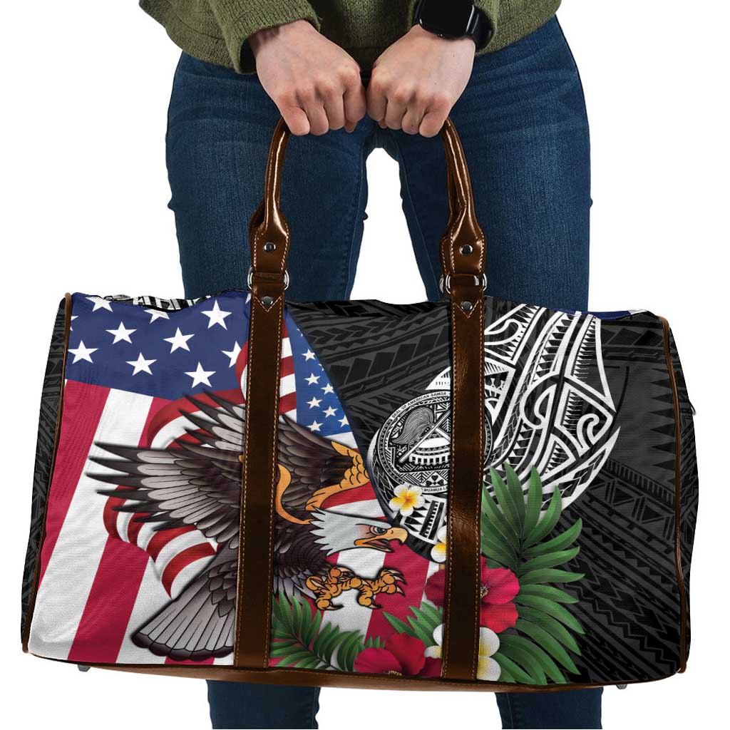 United States and American Samoa Travel Bag USA Flag Eagle With Seal Tropical Flowers LT14 Black - Polynesian Pride