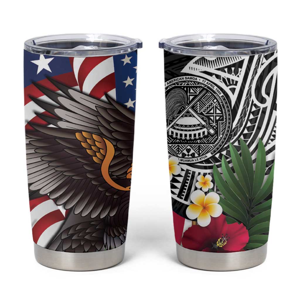 United States and American Samoa Tumbler Cup USA Flag Eagle With Seal Tropical Flowers LT14 Black - Polynesian Pride