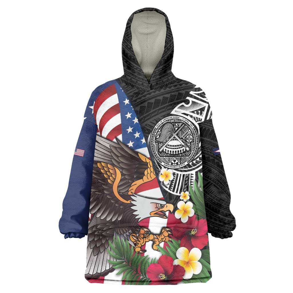 United States and American Samoa Wearable Blanket Hoodie USA Flag Eagle With Seal Tropical Flowers