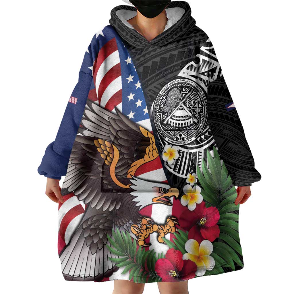 United States and American Samoa Wearable Blanket Hoodie USA Flag Eagle With Seal Tropical Flowers