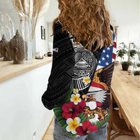 United States and American Samoa Women Casual Shirt USA Flag Eagle With Seal Tropical Flowers