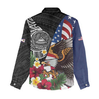United States and American Samoa Women Casual Shirt USA Flag Eagle With Seal Tropical Flowers