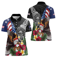 United States and American Samoa Women Polo Shirt USA Flag Eagle With Seal Tropical Flowers