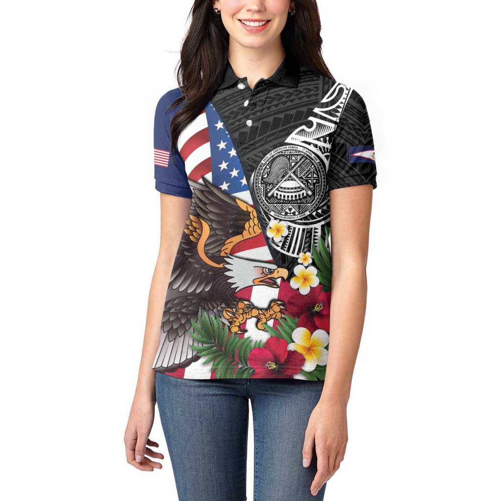 United States and American Samoa Women Polo Shirt USA Flag Eagle With Seal Tropical Flowers