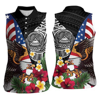 United States and American Samoa Women Sleeveless Polo Shirt USA Flag Eagle With Seal Tropical Flowers