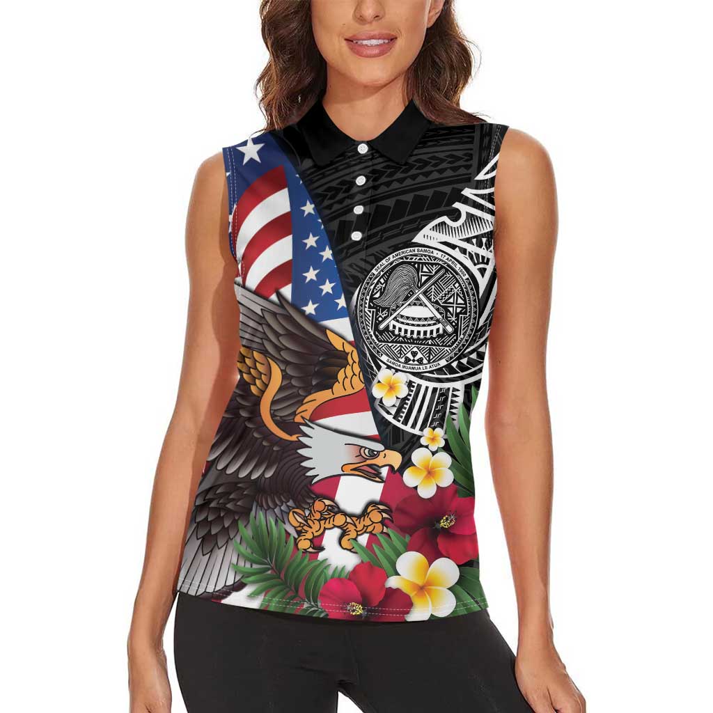 United States and American Samoa Women Sleeveless Polo Shirt USA Flag Eagle With Seal Tropical Flowers