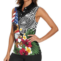 United States and American Samoa Women Sleeveless Polo Shirt USA Flag Eagle With Seal Tropical Flowers