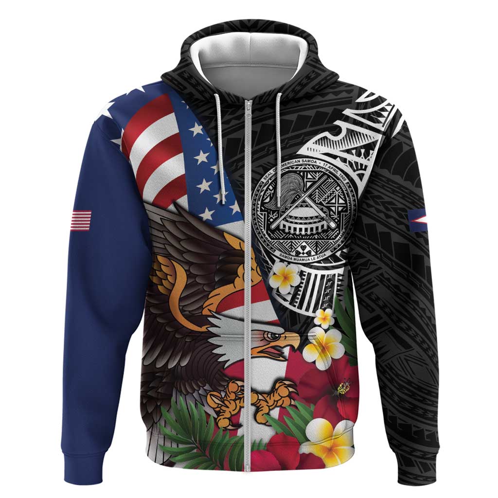 United States and American Samoa Zip Hoodie USA Flag Eagle With Seal Tropical Flowers LT14 Zip Hoodie Black - Polynesian Pride