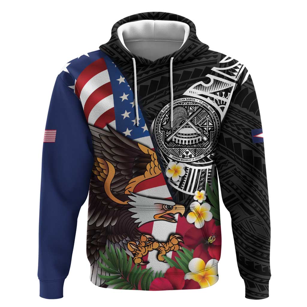 United States and American Samoa Zip Hoodie USA Flag Eagle With Seal Tropical Flowers LT14 Pullover Hoodie Black - Polynesian Pride