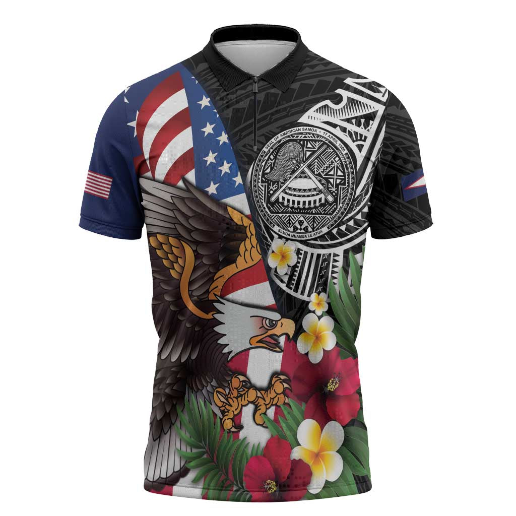 United States and American Samoa Zipper Polo Shirt USA Flag Eagle With Seal Tropical Flowers