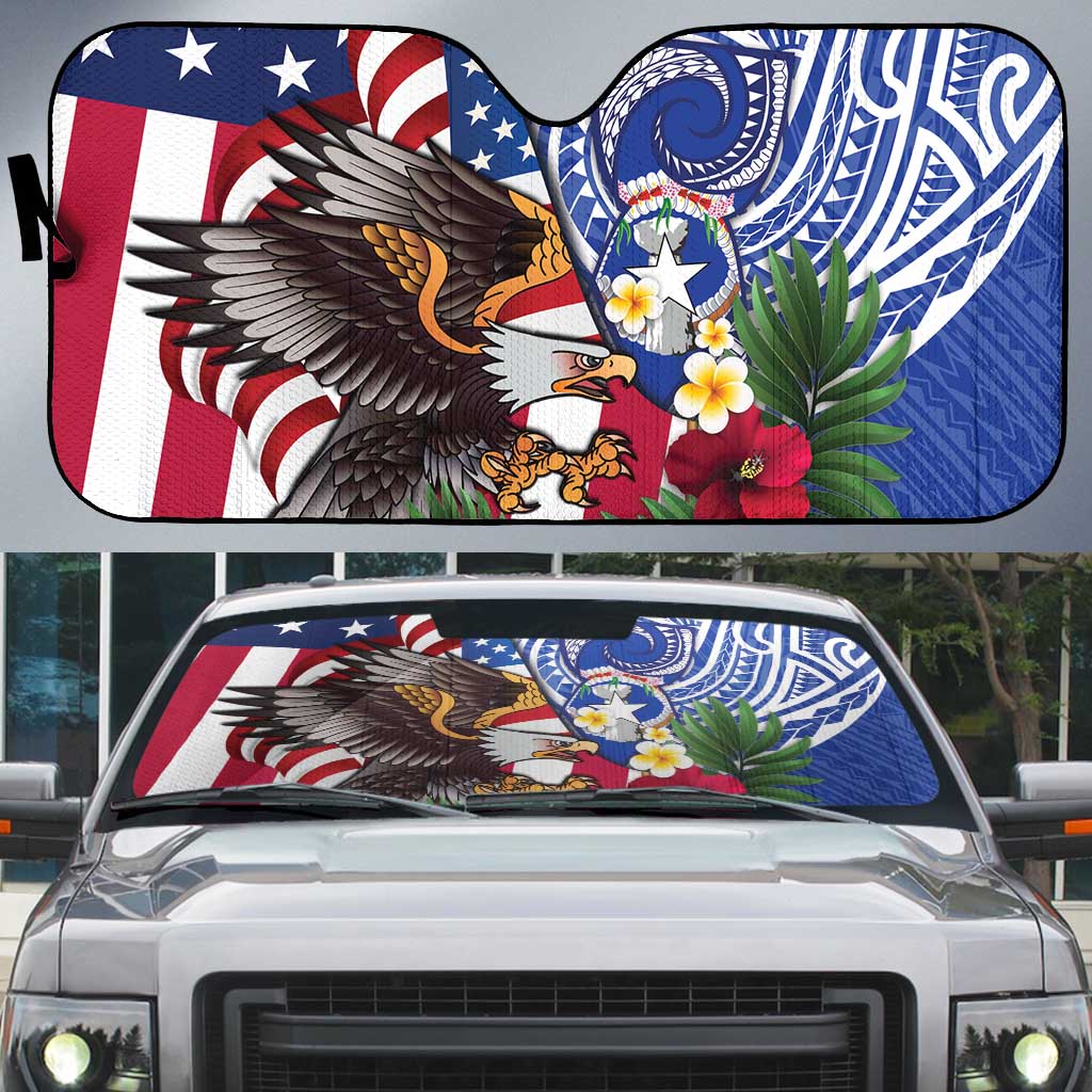 United States and Northern Mariana Islands Auto Sun Shade USA Flag Eagle CNMI Latte Stone Tropical Flowers