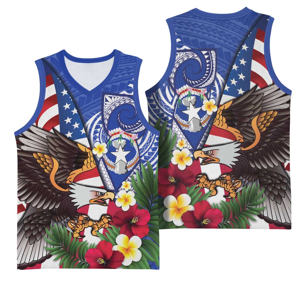 United States and Northern Mariana Islands Basketball Jersey USA Flag Eagle CNMI Latte Stone Tropical Flowers