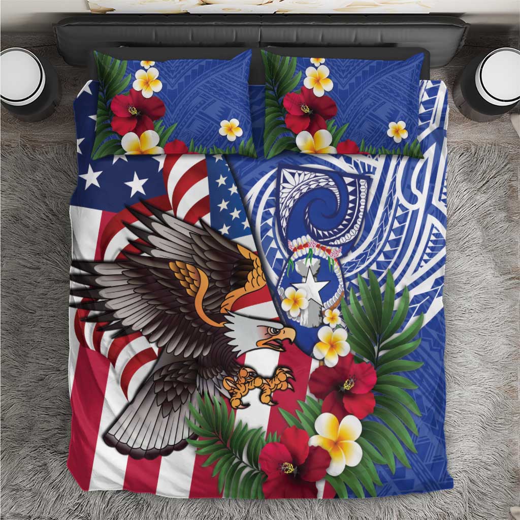 United States and Northern Mariana Islands Bedding Set USA Flag Eagle CNMI Latte Stone Tropical Flowers LT14 Blue - Polynesian Pride
