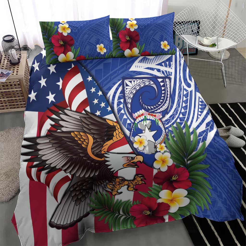 United States and Northern Mariana Islands Bedding Set USA Flag Eagle CNMI Latte Stone Tropical Flowers LT14 - Polynesian Pride