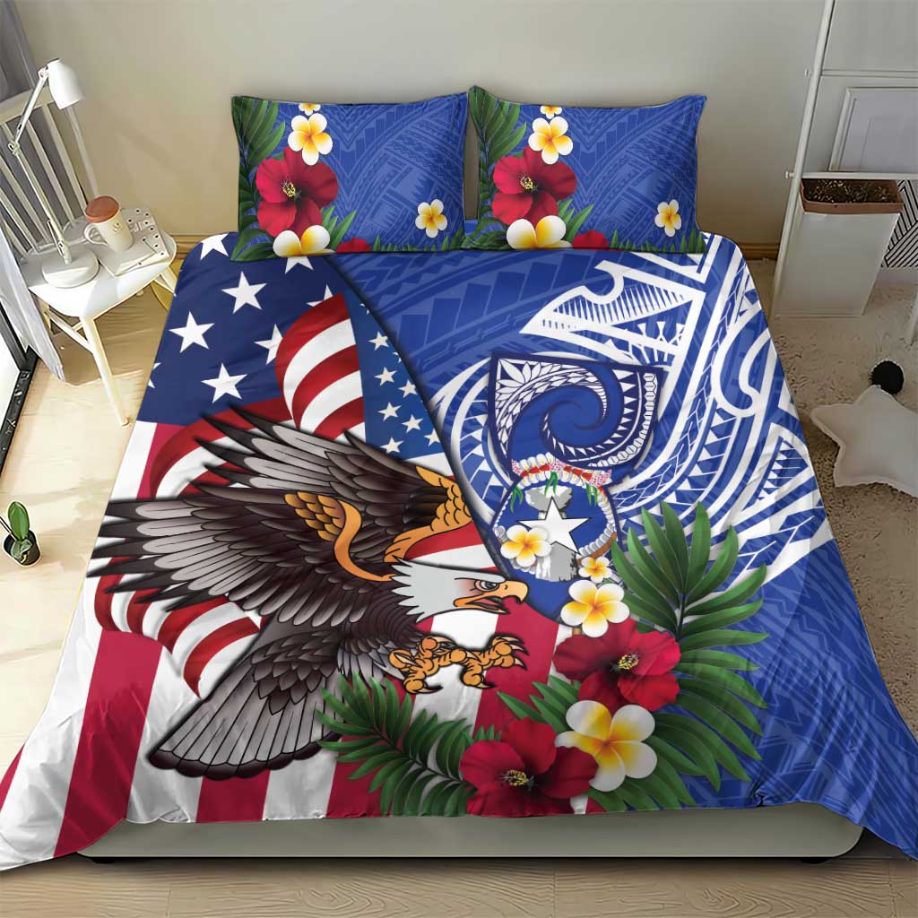 United States and Northern Mariana Islands Bedding Set USA Flag Eagle CNMI Latte Stone Tropical Flowers LT14 - Polynesian Pride