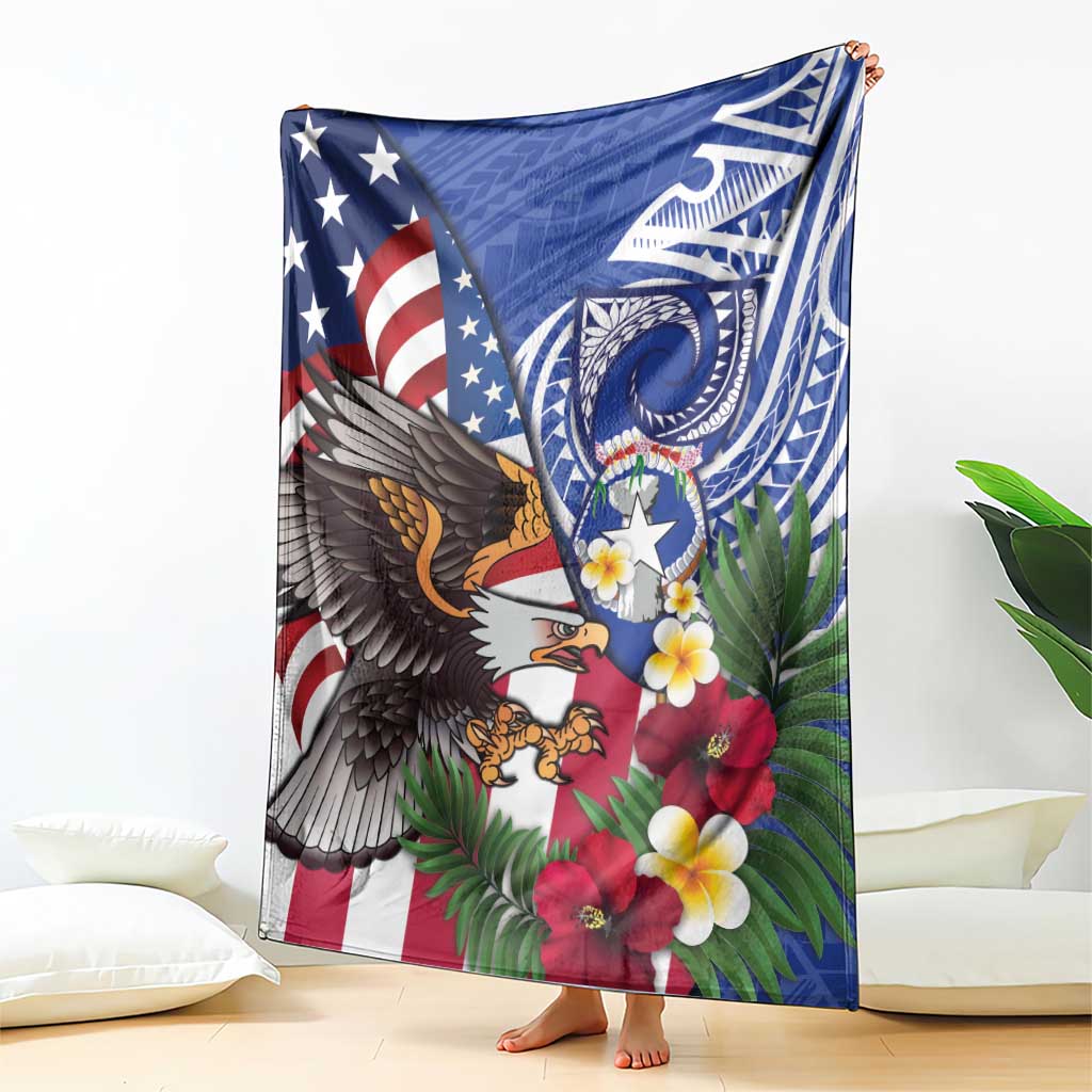 United States and Northern Mariana Islands Blanket USA Flag Eagle CNMI Latte Stone Tropical Flowers
