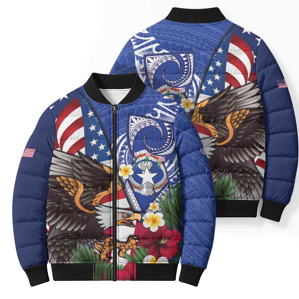United States and Northern Mariana Islands Bomber Puffer Jacket USA Flag Eagle CNMI Latte Stone Tropical Flowers