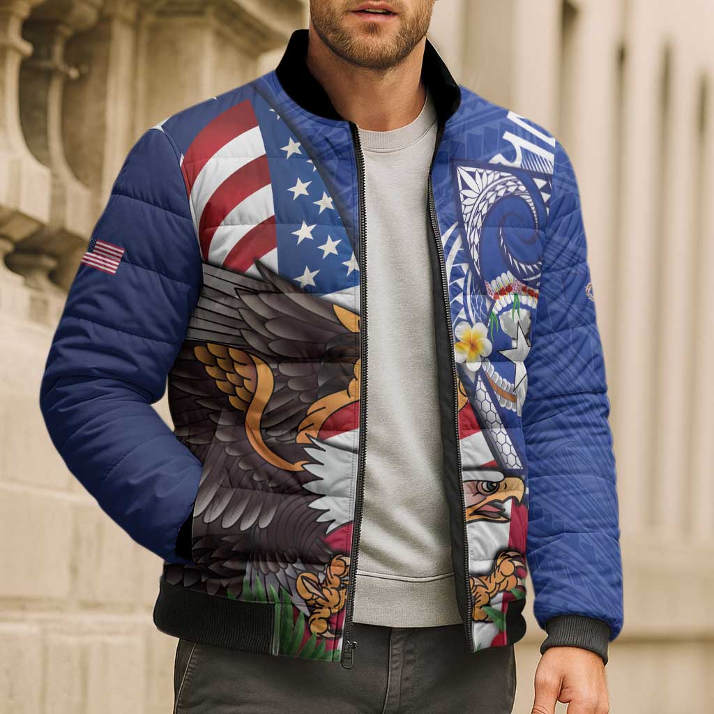 United States and Northern Mariana Islands Bomber Puffer Jacket USA Flag Eagle CNMI Latte Stone Tropical Flowers