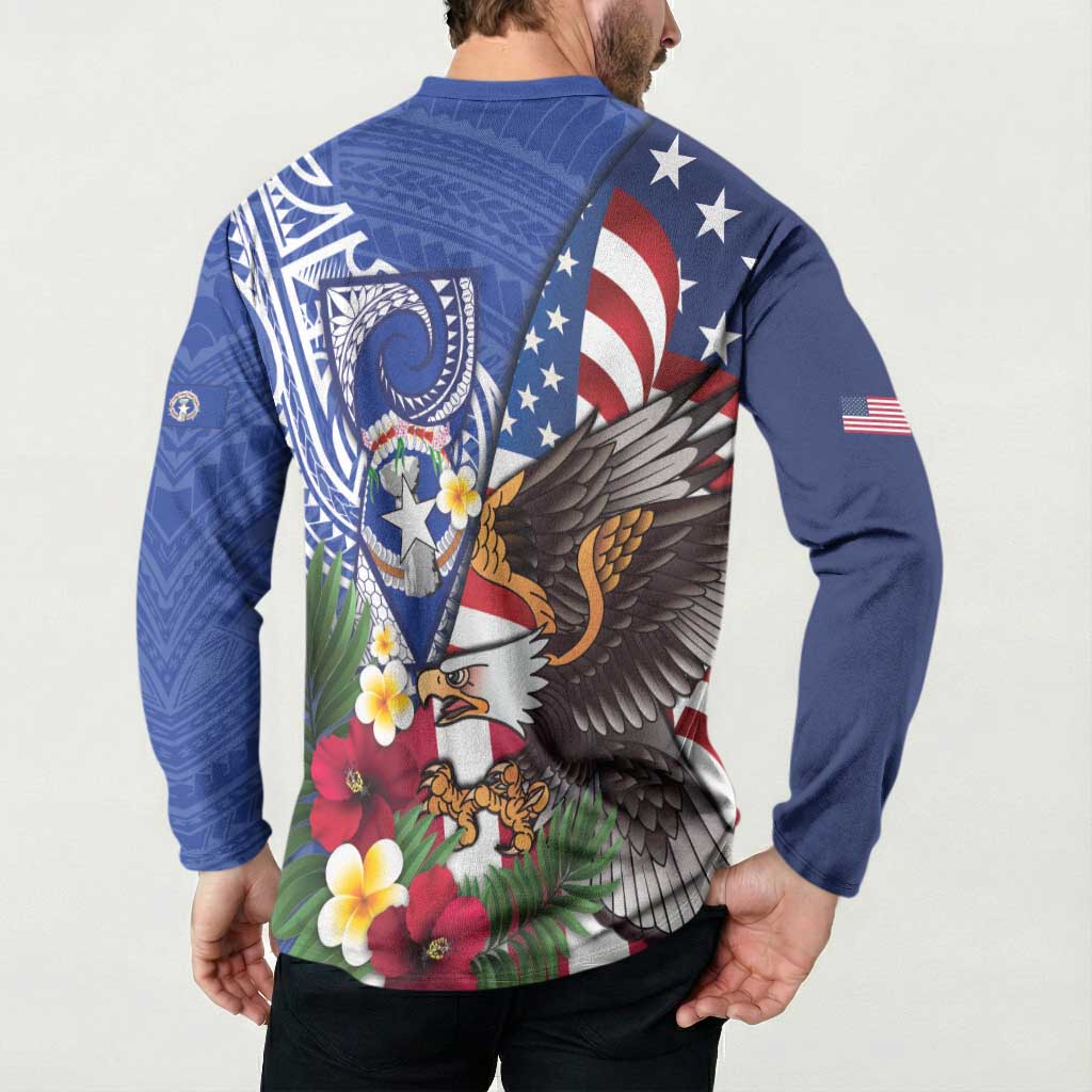 United States and Northern Mariana Islands Button Sweatshirt USA Flag Eagle CNMI Latte Stone Tropical Flowers