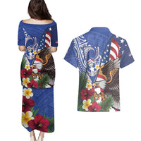 United States and Northern Mariana Islands Couples Matching Puletasi and Hawaiian Shirt USA Flag Eagle CNMI Latte Stone Tropical Flowers