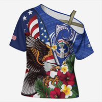 United States and Northern Mariana Islands Cross Shoulder Shirt USA Flag Eagle CNMI Latte Stone Tropical Flowers