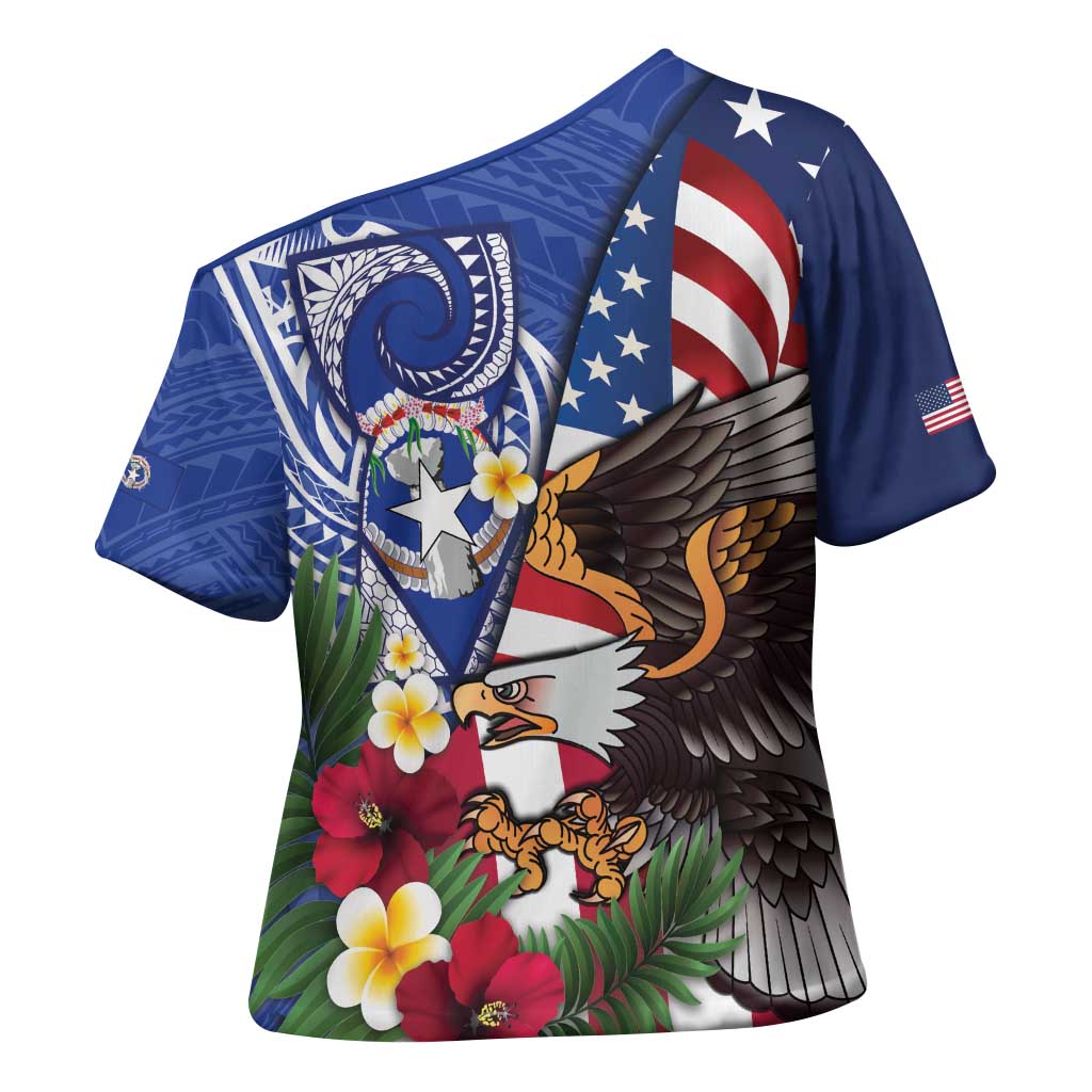 United States and Northern Mariana Islands Cross Shoulder Shirt USA Flag Eagle CNMI Latte Stone Tropical Flowers