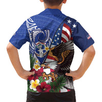 United States and Northern Mariana Islands Family Matching Long Sleeve Bodycon Dress and Hawaiian Shirt USA Flag Eagle CNMI Latte Stone Tropical Flowers