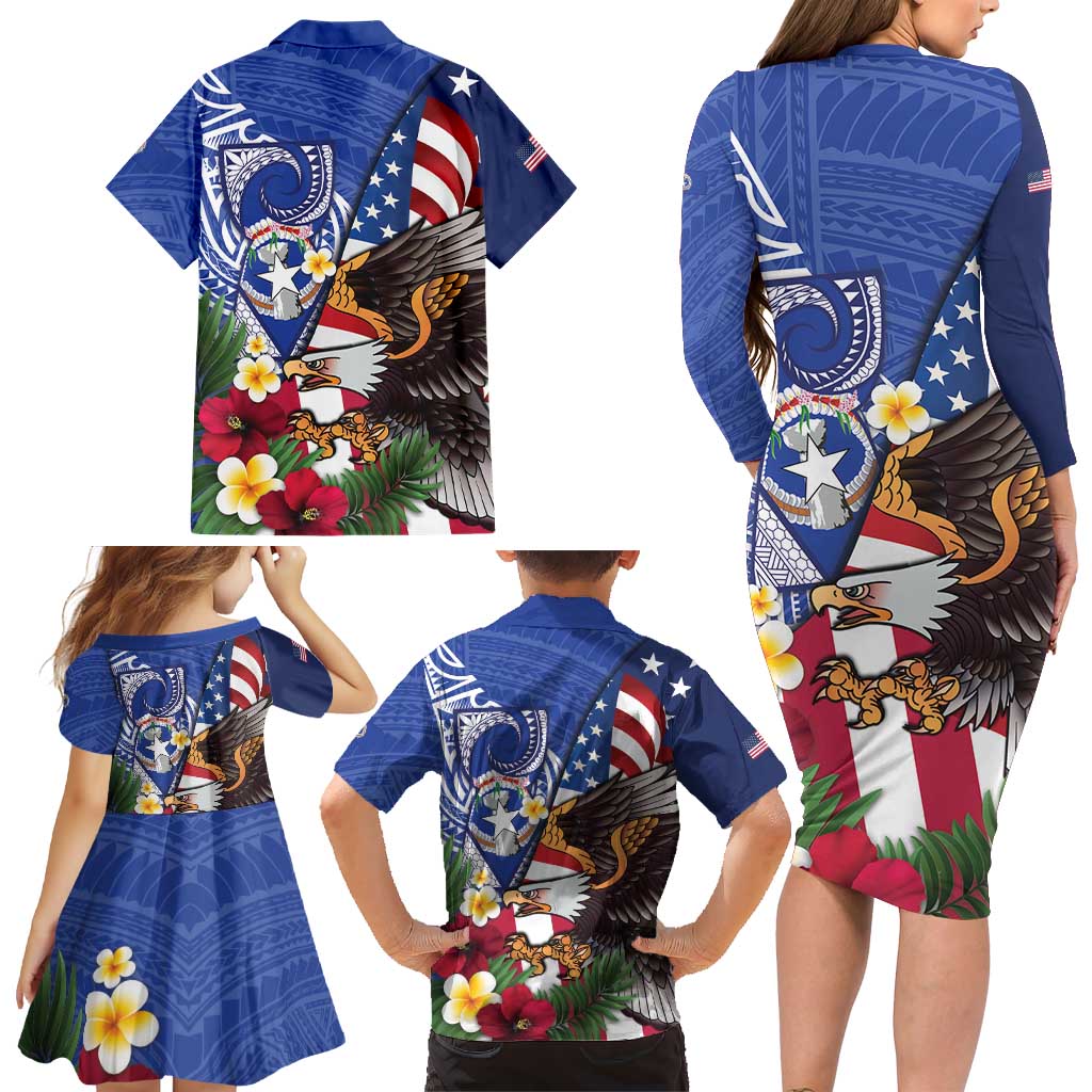 United States and Northern Mariana Islands Family Matching Long Sleeve Bodycon Dress and Hawaiian Shirt USA Flag Eagle CNMI Latte Stone Tropical Flowers