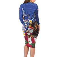 United States and Northern Mariana Islands Family Matching Long Sleeve Bodycon Dress and Hawaiian Shirt USA Flag Eagle CNMI Latte Stone Tropical Flowers